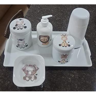 Imagem de Kit higiene bebê Safari 6 peças - MENINA - bandeja, potes, porta álcool e molhadeira - Peças Porcelana Tampas Pinus
