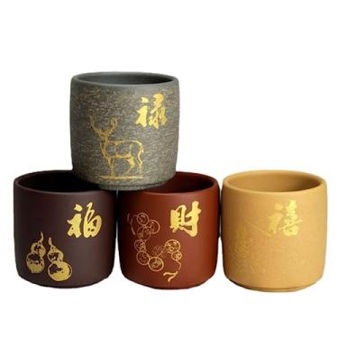 Imagem de SALFEE Conjunto de copos de argila roxa estilo chinoiserie de 120 ml, feito à mão, com letras antigas, 4 peças