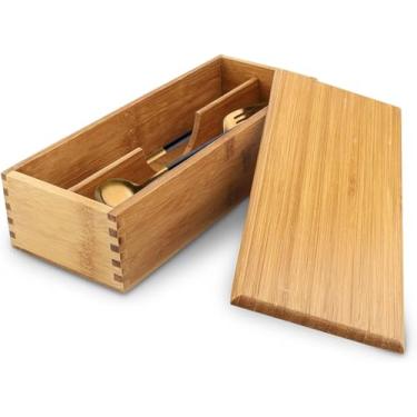 Imagem de Caixa de Pauzinhos Caixa de Armazenamento de Bambu Talheres Gaiola de Colher Caixa de Armazenamento de Bambu Suporte de Utensílios Com Divisor e Tampa Gaveta Organizador de Talheres