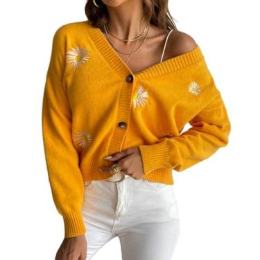 Imagem de ikasus Cardigã feminino suéter tricotado botão manga longa bordado lã malha cardigãs para mulheres meninas clima frio, amarelo P
