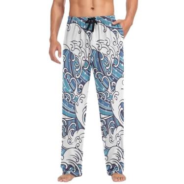 Imagem de linqin Calça de pijama masculina confortável de algodão macio calça de dormir azul Great Wave pijama, Grande onda azul, M