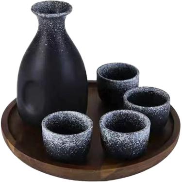 Imagem de Conjunto de saquê japonês Garrafa de saquê de cerâmica e copos de saquê com bandeja de madeira para casa ou restaurante (1 pote 4 xícaras), bandeja redonda grande 1 pote 4 xícaras (Via Lácte