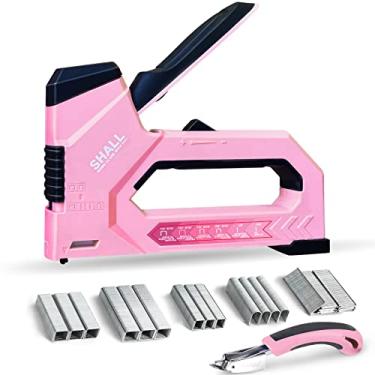 Imagem de SHALL Pistola de grampear 6 em 1 resistente - Grampeador de estofamento rosa com grampos de 4000 contagens, pregador manual feminino com removedor de grampeador para madeira, artesanato, tecido,