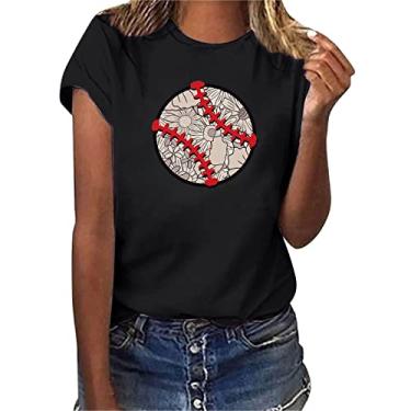 Imagem de Camiseta feminina de beisebol PKDong estampada, manga curta, gola redonda, blusa para sair para mulheres, beisebol, mamãe, Preto, G