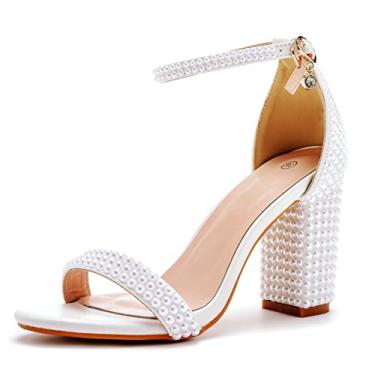 Imagem de Sandálias femininas de salto bloco de pérolas de 7,95 cm Peep Toe Strass, salto grosso, sapatos de salto grosso para noivas, festas de casamento, vestido de noite, Branco, 9 cm (3,6"), 10