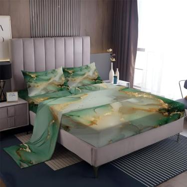 Imagem de Jogo de lençol casal abstrato listrado mármore 4 peças lençol de cama verde microfibra macia respirável, lençol com elástico alto, lençol de hotel e fronha