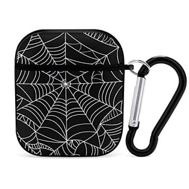 Imagem de YouTary Capa de teia de aranha preta e branca de Halloween, compatível com AirPods 1 e 2, capa com chaveiro, capa de fone de ouvido, unissex, à prova de choque, acessórios de carregamento sem fio