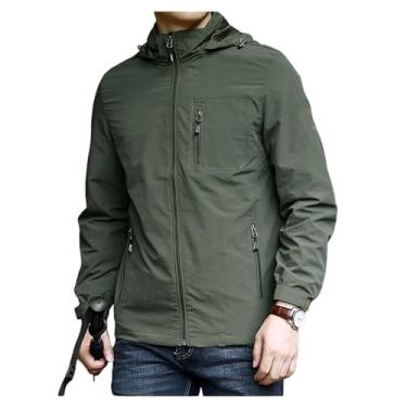 Imagem de Jaqueta masculina leve, corta-vento, bolsos funcionais, capa de chuva, casaco com cintura elástica, Verde militar, M