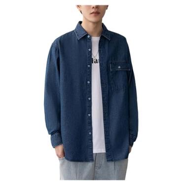Imagem de Camisa jeans masculina, manga comprida, bolsos frontais, cor sólida, gola aberta, botões e punhos, Azul-escuro, XXG