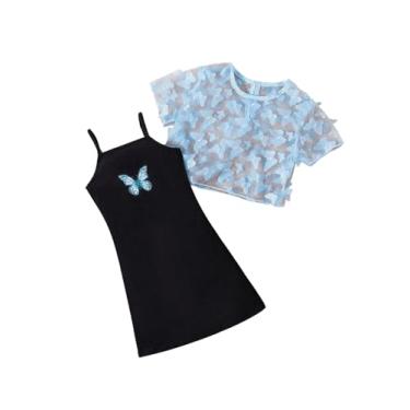 Imagem de SweatyRocks Vestido feminino com estampa de borboleta, alças finas e camiseta de malha, lindo, roupa de 2 peças, Azul e preto., 7 Anos