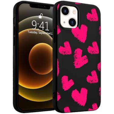 Imagem de Idocolors Capa de telefone rosa choque com padrão de coração de amor compatível com iPhone 14 Pro, capa de silicone líquido preto legal, borracha de gel macio, forro de microfibra protetora, à prova