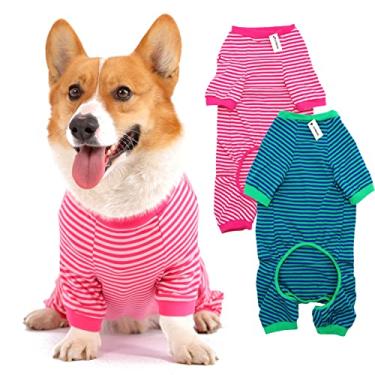 Imagem de Pijama para cães de algodão listrado, pijama básico respirável com 4 pernas para filhotes e gatos, super macio, elástico, moderno e confortável para meninos e meninas (rosa + verde, PP)
