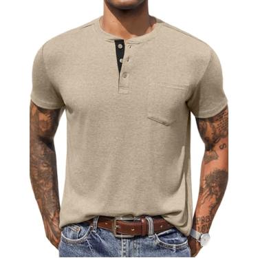 Imagem de COOFANDY Camiseta masculina casual Henley de manga curta básica de verão com bolso e botão, Caqui, GG