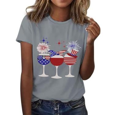 Imagem de Camisetas femininas PKDong 4th of July Bandeira do Dia da Independência com estampa de taça de vinho gola redonda e manga curta para mulheres modernas, Cinza, P