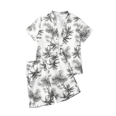 Imagem de BEAUDRM Conjunto de camiseta quimono de manga curta e gola alta com estampa tropical de 2 peças para meninos, Preto e branco, 11-12Y