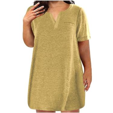 Imagem de Camisetas femininas folgadas longas plus size gola V camiseta feminina manga curta básica verão outono 2024, B-084 Amarelo Mostarda, 3G