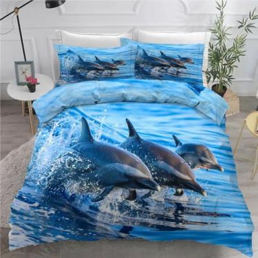 Imagem de Jogo de cama Dolphin King, capa de edredom azul, conjunto de 3 peças para decoração de quarto, capa de edredom de microfibra macia 264 x 232 cm e 2 fronhas, com fecho de zíper e laços