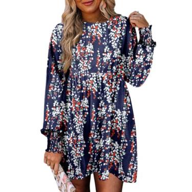 Imagem de Dokotoo Vestido túnica feminino de verão, casual, solto, manga curta, gola redonda, rodado, mini vestidos, Floral-azul, G