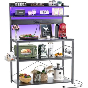 Imagem de Aheaplus Rack de Padeiro Industrial com 2 Prateleiras, Tomadas Elétricas, Luzes LED, 6 Ganchos em Forma de S, Suporte para Micro-ondas e Cafeteira, Preto