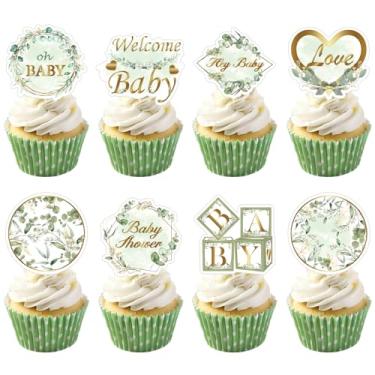 Imagem de Weecent 48 Pcs Greenery Baby Shower Cupcake toppers Oh Baby Party Decorations Sage Green Party cake toppers Baby Boy Girl Birthday Party Green Leaf Cake Decorations