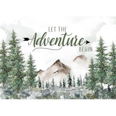 Imagem de Let The Adventure Begin Pano de fundo Adventure Awaits chá de bebê decoração de festa de aniversário floresta rústica pinheiro montanha natureza selvagem aventura floresta fundo para fotografia 1,8 x