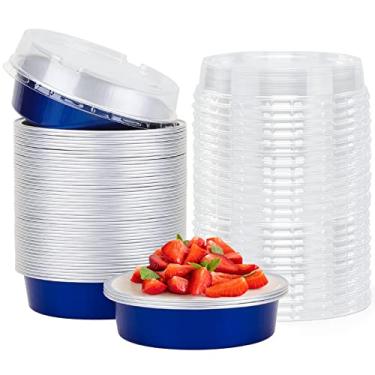 Imagem de Beasea Mini assadeira de torta pacote com 50 com tampas, joia de 10 cm de 226 g azul descartável lata de alumínio pequeno recipiente redondo para sobremesa individual cupcake muffin cheesecake ramekins quiche formas de forno
