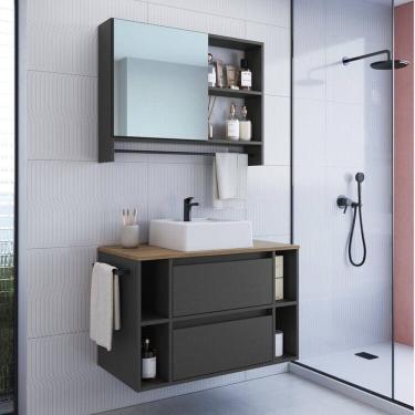 Imagem de Conjunto para Banheiro Gabinete Suspenso 80cm com Cuba Espelheira com Toalheiro Cj8010.20 Mel/Grafite