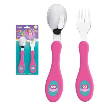 Imagem de Kit Talheres Bebe Infantil Inox Coruja Garfinho e Colher - Art Baby