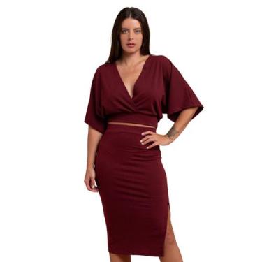 Imagem de Conjunto Blusa Morcego + Saia Midi Modeladora Canelada Lápis Feminino 