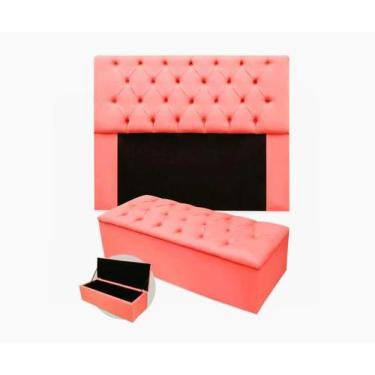 Imagem de Kit Cabeceira com Baú Mirage Capitonê 195 cm Suede Rose - Biselo's Dec