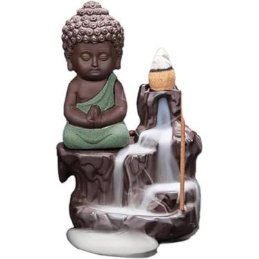 Imagem de Queimador de incenso feito à mão com cascata de cerâmica | com 8 cones de incenso | Suporte de estátua de Buda incenso Zen Queimador de refluxo para decoração de casa (verde)