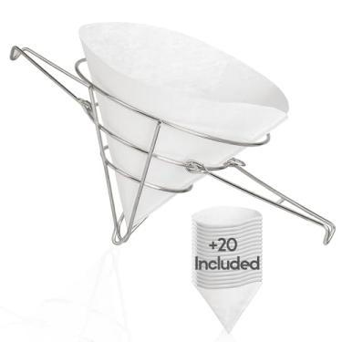 Imagem de Cuisine Ready Suporte de cone de filtro de óleo para fritadeira com 20 filtros de papel | Suporte de filtro de xarope de bordo | Aço inoxidável | Combo de filtro de fritadeira de óleo de 25 cm |