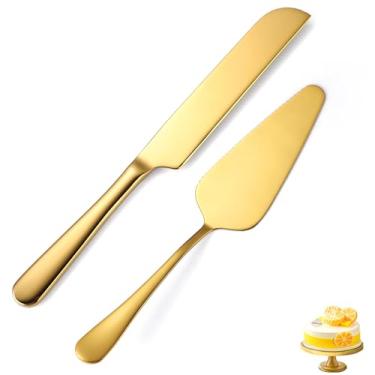 Imagem de tiokin Conjunto de faca e servidor de bolo de casamento, conjunto de 2 peças de corte de bolo dourado, inclui cortador de bolo de aço inoxidável e servidor de bolo, perfeito para casamento, Natal,