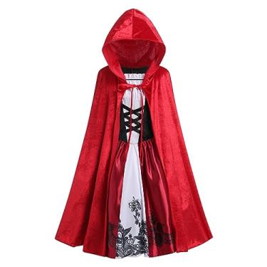 Imagem de Vestido infantil de luxo para fantasia de Halloween com capuz vermelho capa capa tradicional conto de fadas princesa cosplay roupas, Vermelho, 9-10 Anos