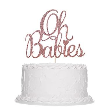 Imagem de Oh Babies Topo de bolo para chá de bebê gêmeos, revelação de gênero para meninos e meninas, bebê de 6 meses, suprimentos de decoração de festa de 1º aniversário Topper de bolo gêmeos (ouro rosa)