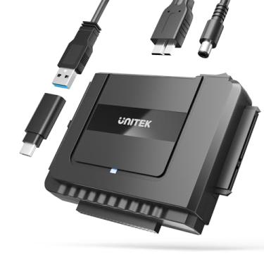 Imagem de Unitek Adaptador de disco rígido IDE SATA para USB, leitor de disco rígido externo para HDD/SSD IDE SATA de 2,5 e 3,5 polegadas, cabo de dados USB C incluído com adaptador USB A e fonte de alimentação 12V/2A