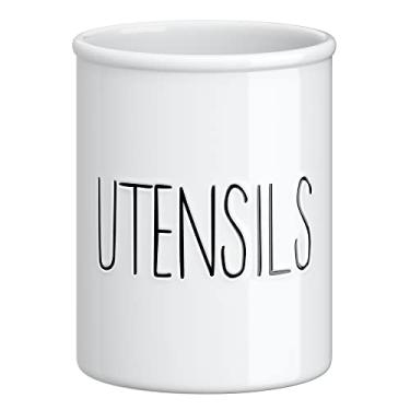 Imagem de Barnyard Designs Suporte de utensílios de cozinha de cerâmica para bancada, pote decorativo de utensílios de cozinha para balcão, suporte de espátula, 18 cm (branco)