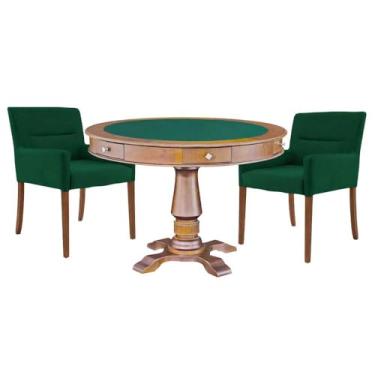 Imagem de Mesa de Jogos Carteado Victoria Redonda Tampo Reversível Amêndoa com Kit 2 Cadeiras Vicenza Suede Verde - Gran Belo
