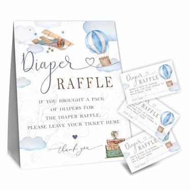 Imagem de Kit de jogo sorteio de fraldas para chá de bebê, avião e balão de ar quente, 50 bilhetes e 1 placa de pé, decoração para chá de bebê, revelação de gênero, anúncio de bebê, lembrancinha de festa e