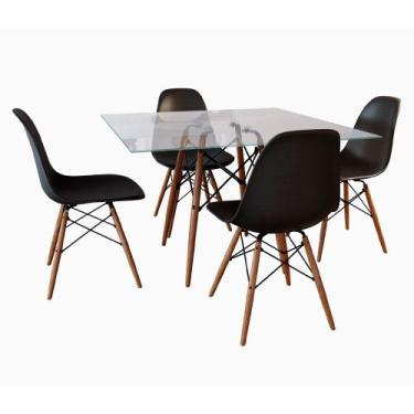 Imagem de Jogo de Mesa Eames Tampo Quadrado Vidro 90cm 4 Cadeiras Pretas - Up Ho