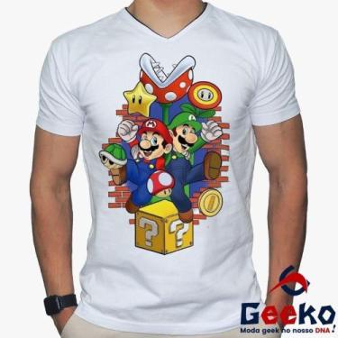 Imagem de Camiseta Mario e Luigi 100% Algodão Mario Bros Geeko, Branco gola v, G