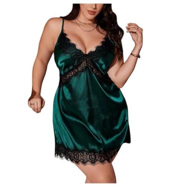 Imagem de WDIRARA Camisola feminina de cetim plus size, acabamento em renda, frente única, decote em V, camisa sexy, Verde, preto, XGG