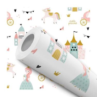 Imagem de Papel de Parede Adesivo Ilustração Princesa Coroa Castelo Cores Pastéi