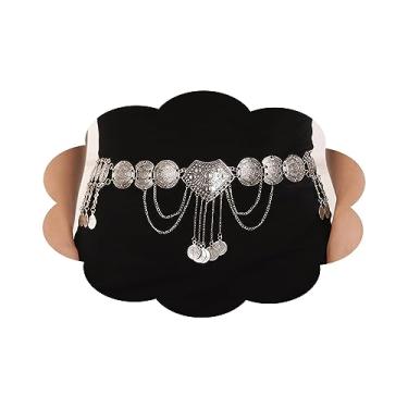 Imagem de Wiwpar Corrente feminina de prata antiga, cinto vintage, corrente de borla, pingente de moeda, cinto de barriga, acessórios de joias para mulheres (prata), middle, liga metálica, Liga metálica.