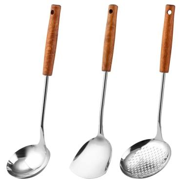 Imagem de FJNATINH Espátula Wok – Concha – Escumadeira – Ferramentas Wok de Aço Inoxidável, Utensílios de Cozinha de Aço Inoxidável Polido Espelhado 37 – 38,5 cm, Pacote com 3