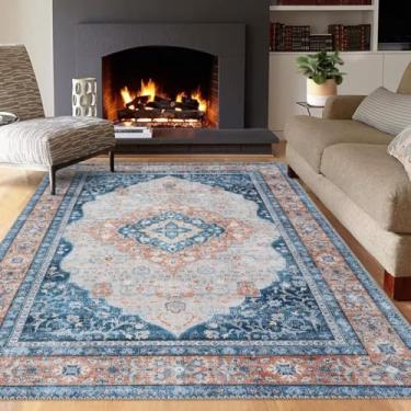 Imagem de GlowSol Tapete vintage Farmhouse 22,5 x 30,5 cm, antiderrapante, tapete oriental envelhecido, tapete de área sem queda para lavanderia, banheiro, quarto (azul marinho/laranja)