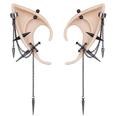 Imagem de FRESHME Brinco de elfo retrô gótico – 2 pares de orelhas de fada de elfo com adaga de rosa preta SteamPunk brincos Pixie Elfo Ear Jewelry Clips Wraps Unissex Mulheres Homens Halloween Cosplay Acessórios Fantasia