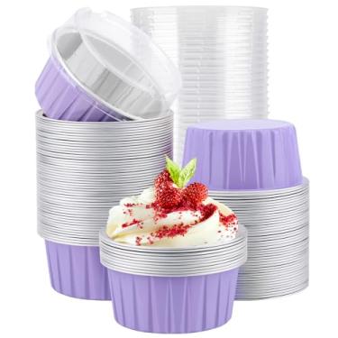 Imagem de EUSOAR Ramequins descartáveis com tampas, 142 g 100 peças de forros de muffin com tampas, ramequins de folha de creme brulee, copos de cupcake de folha de alumínio, para lembrancinhas de festa de