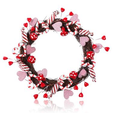 Imagem de Dingion Guirlanda vermelha e branca de 40,6 cm em formato de coração e doce de dia dos namorados rosa com glitter vermelho para porta da frente, casamento, decoração com glitter vermelho, guirlanda em