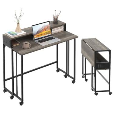 Imagem de Gezen Mesa dobrável com prateleira de armazenamento, pequena rolante com rodas, sofá móvel, mesa lateral, cama para escritório em casa, espaço pequeno, cinza escuro, 80 cm